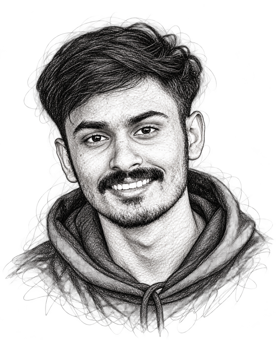 A pen-and-ink portrait of Edson Edwin Ninan, smiling in a hoodie.